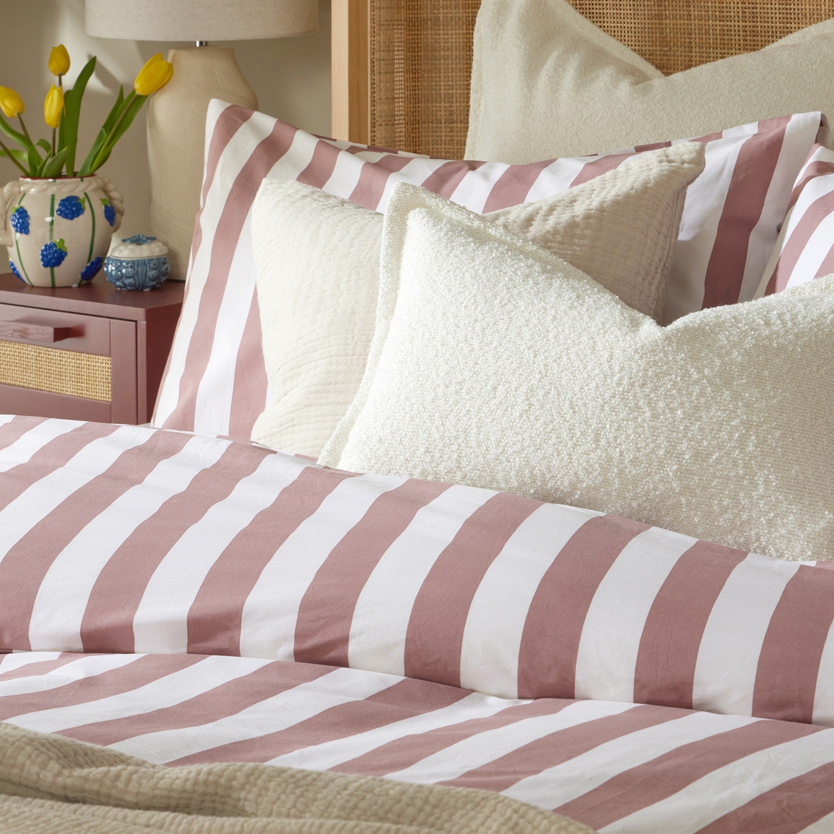 Livia 100% Cotton Wide Printed Stripe Duvet Cover & Pillowcase Set - Berry - DUSK