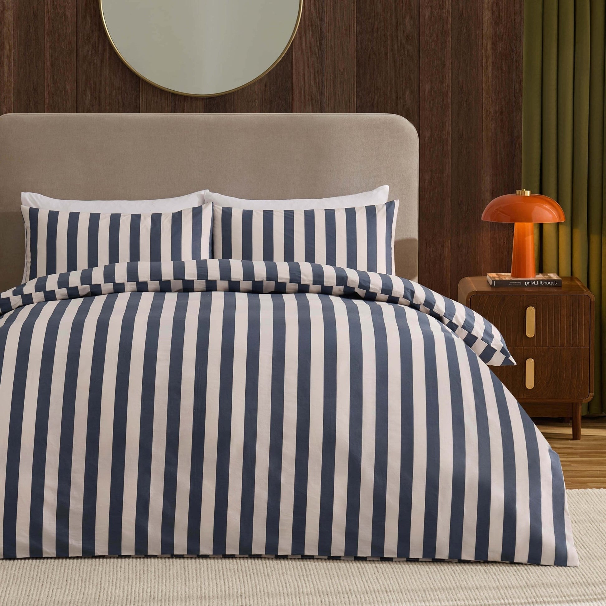 Livia 100% Cotton Wide Printed Stripe Duvet Cover Set - Slate Blue - DUSK