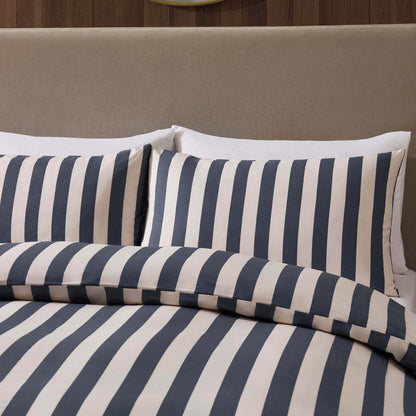 Livia 100% Cotton Wide Printed Stripe Duvet Cover Set - Slate Blue - DUSK
