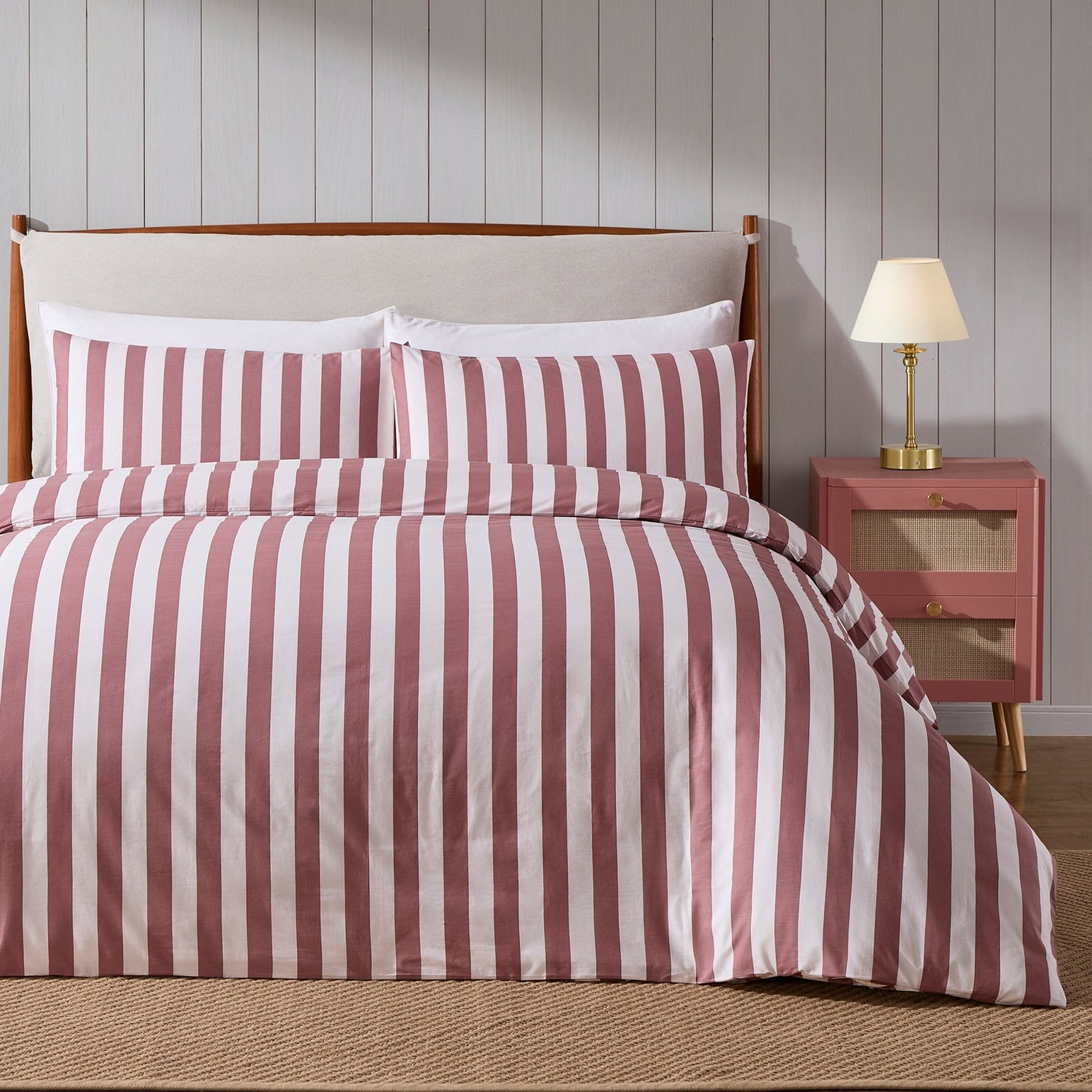 Livia Wide Printed Stripe Duvet Cover & Pillowcase Set - Berry - DUSK