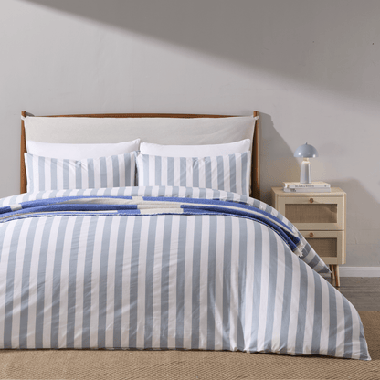Livia Wide Printed Stripe Duvet Cover & Pillowcase Set - French Blue - DUSK