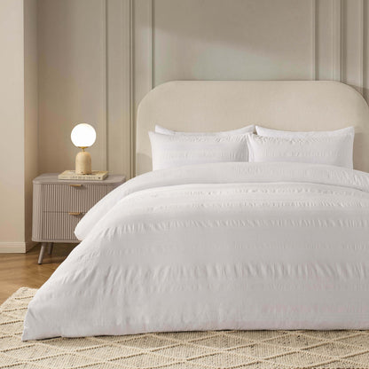 Logan 100% Cotton Waffle Stripe Duvet Cover & Pillowcase Set - White - DUSK