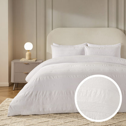 Logan 100% Cotton Waffle Stripe Duvet Cover & Pillowcase Set - White - DUSK