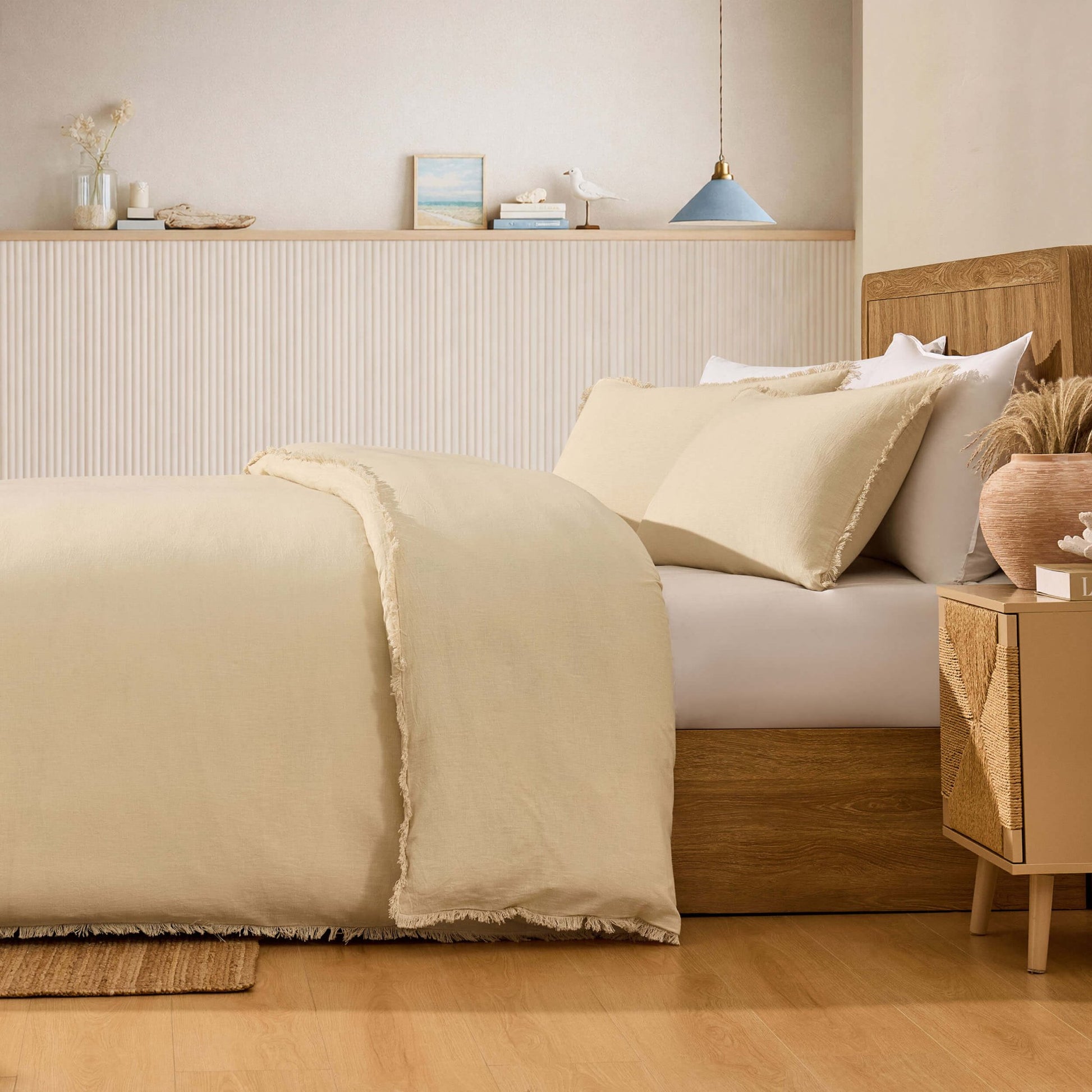 Lora Linen Blend Frayed Edge Duvet Cover & Pillowcase Set - Natural - DUSK