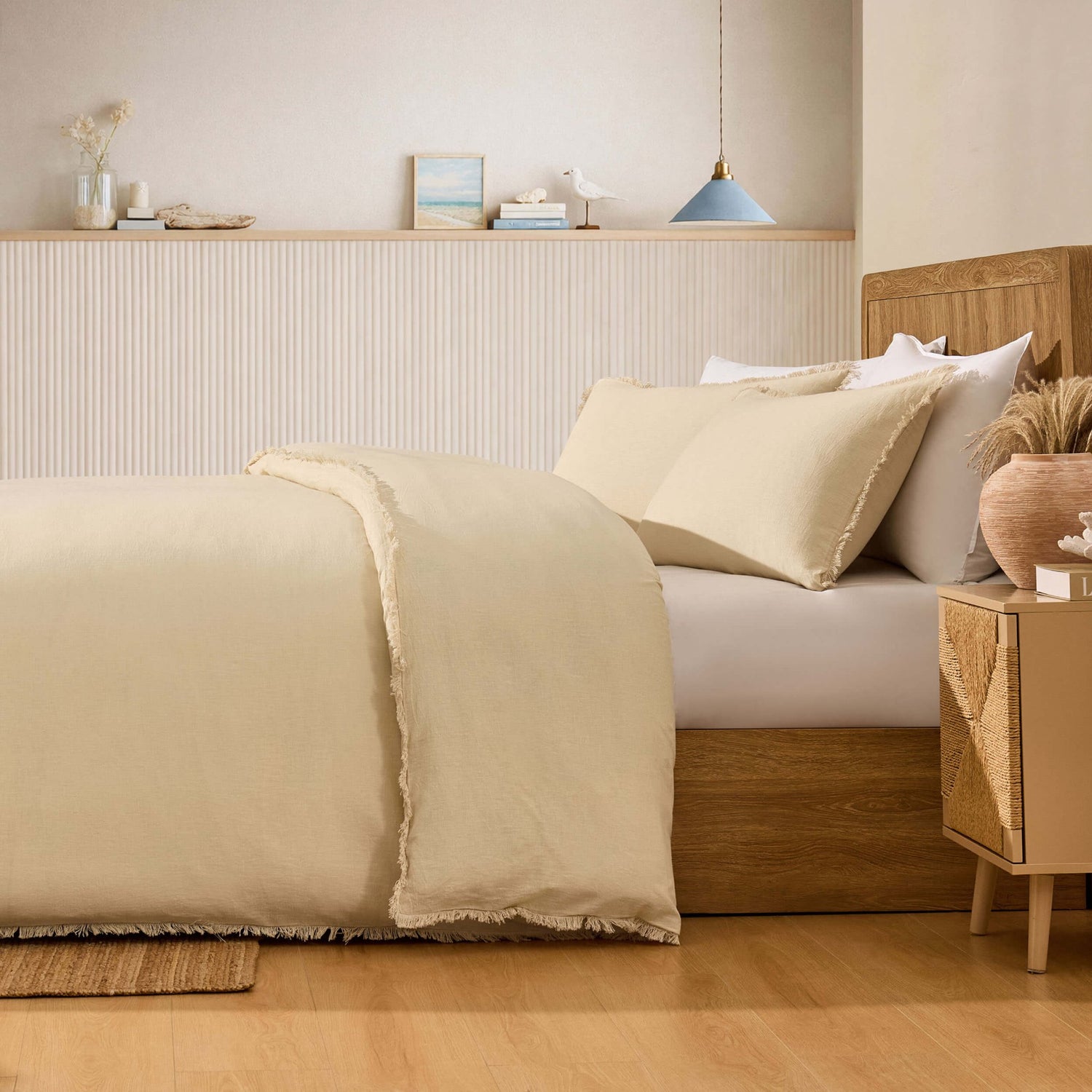 Lora Linen Blend Frayed Edge Duvet Cover & Pillowcase Set - Natural - DUSK