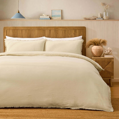 Lora Linen Blend Frayed Edge Duvet Cover & Pillowcase Set - Natural - DUSK