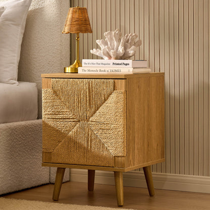 Lottie Woven Bedside Table with Door - Light Wood - DUSK