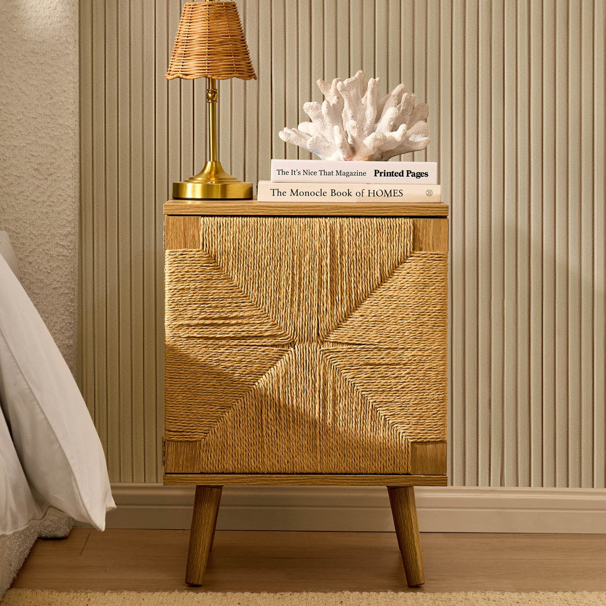 Lottie Woven Bedside Table with Door - Light Wood - DUSK