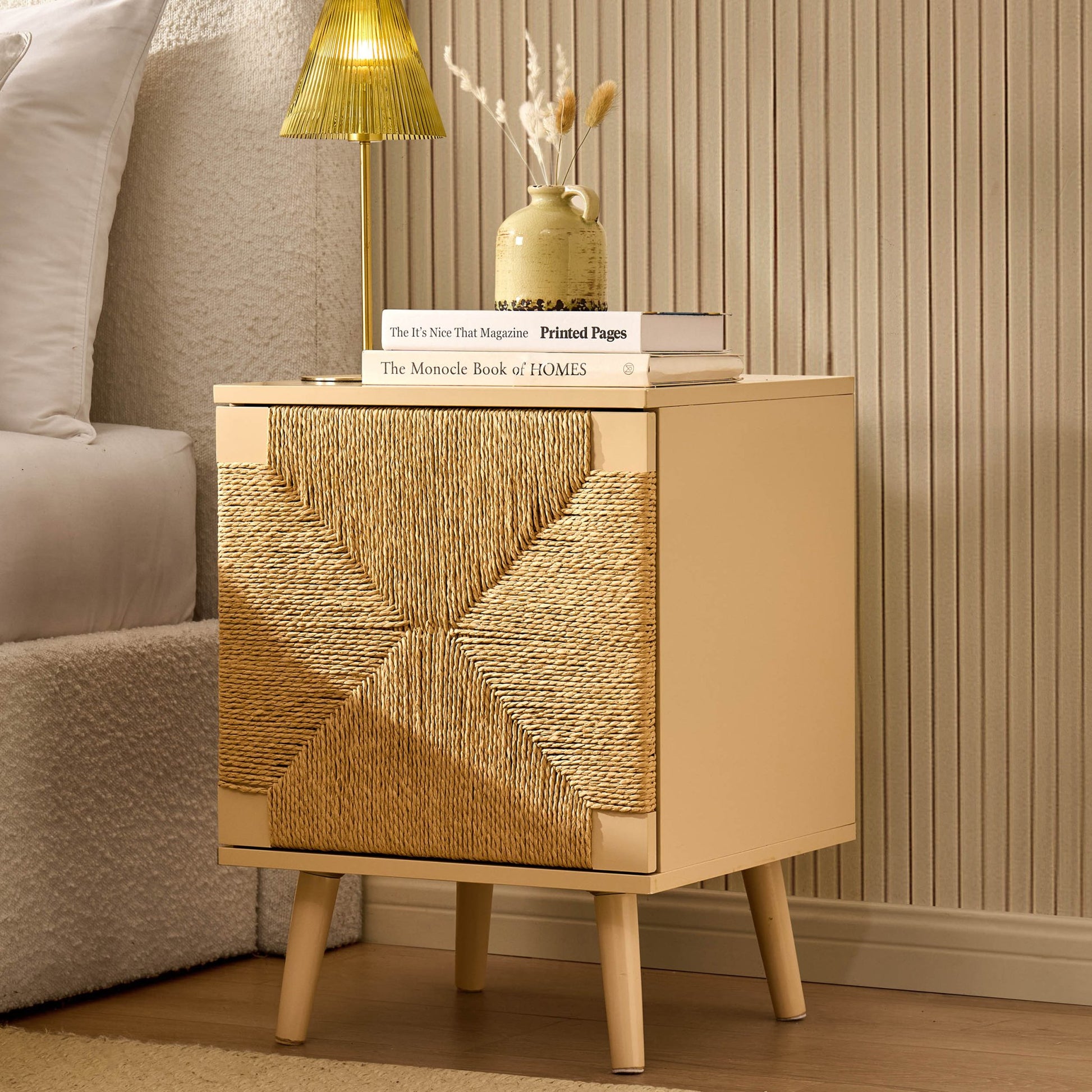 Lottie Woven Bedside Table with Door - Sand - DUSK