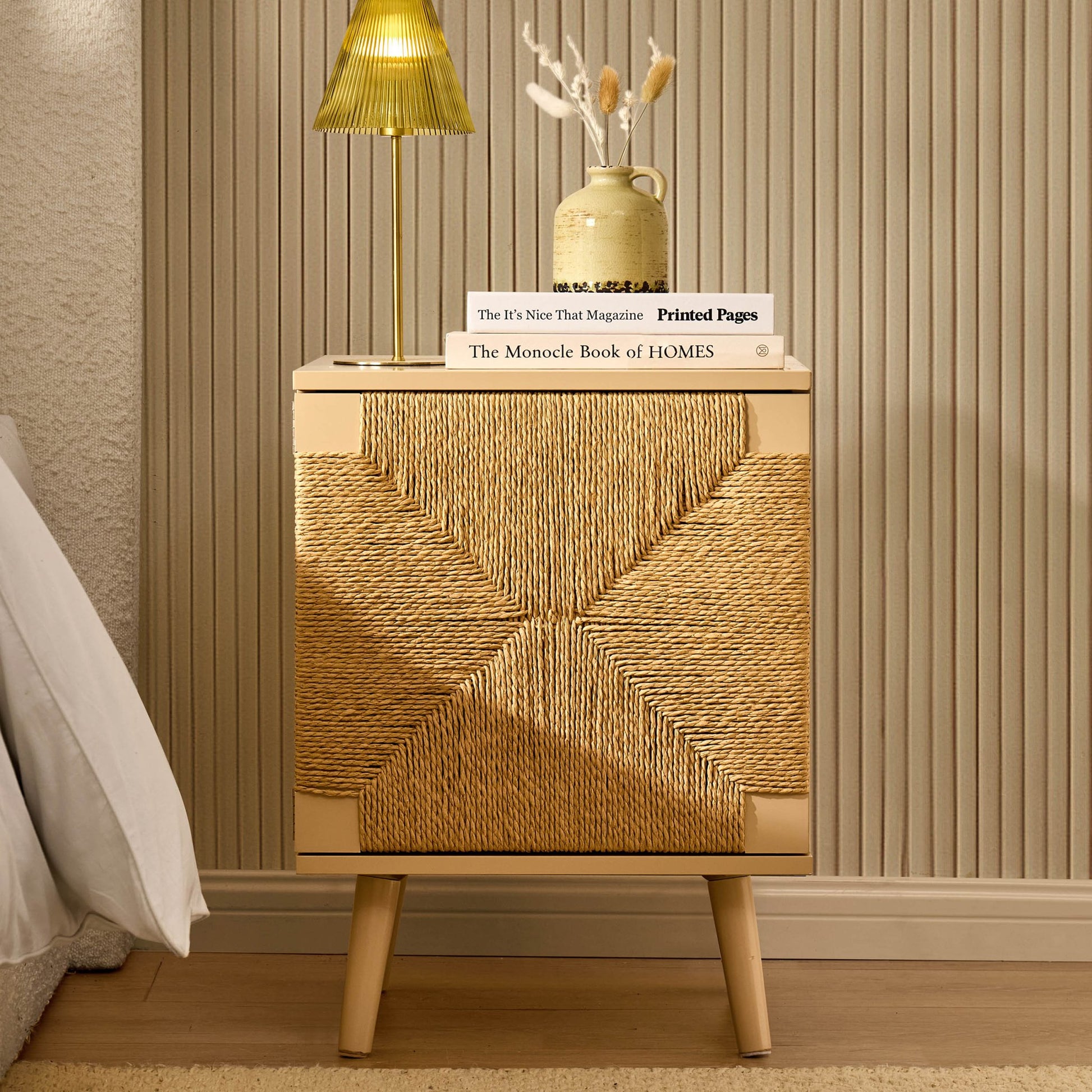 Lottie Woven Bedside Table with Door - Sand - DUSK