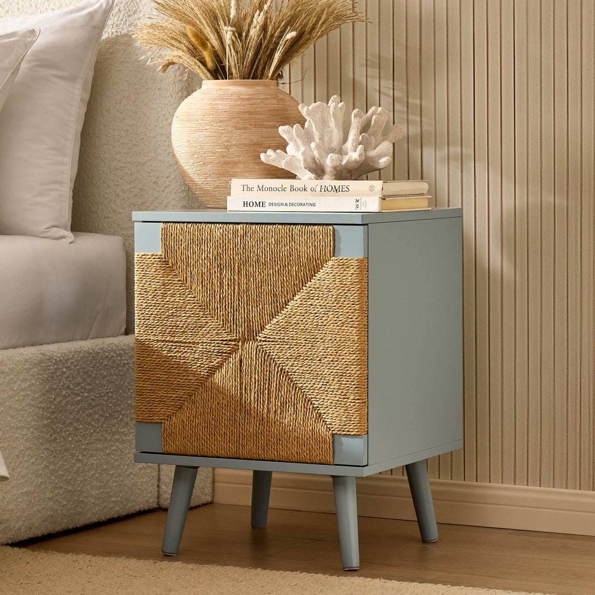 Lottie Woven Bedside Table with Door - Sky Blue - DUSK