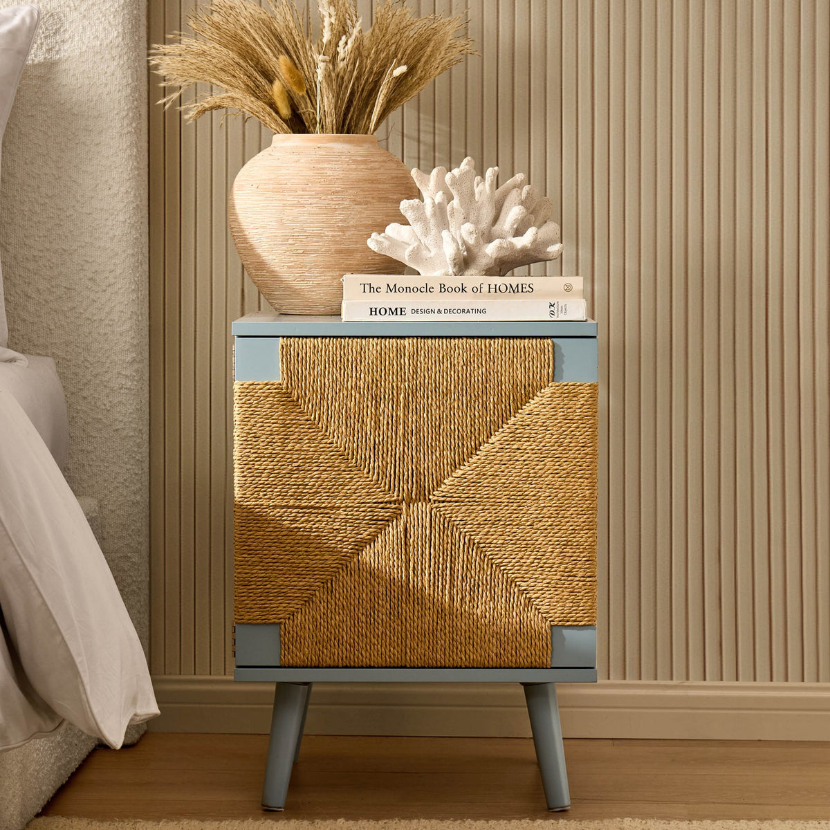 Lottie Woven Bedside Table with Door - Sky Blue - DUSK