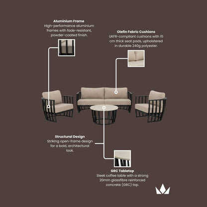 Lucca Outdoor 5 Seater Lounge Set with Coffee Table - Black - DUSK