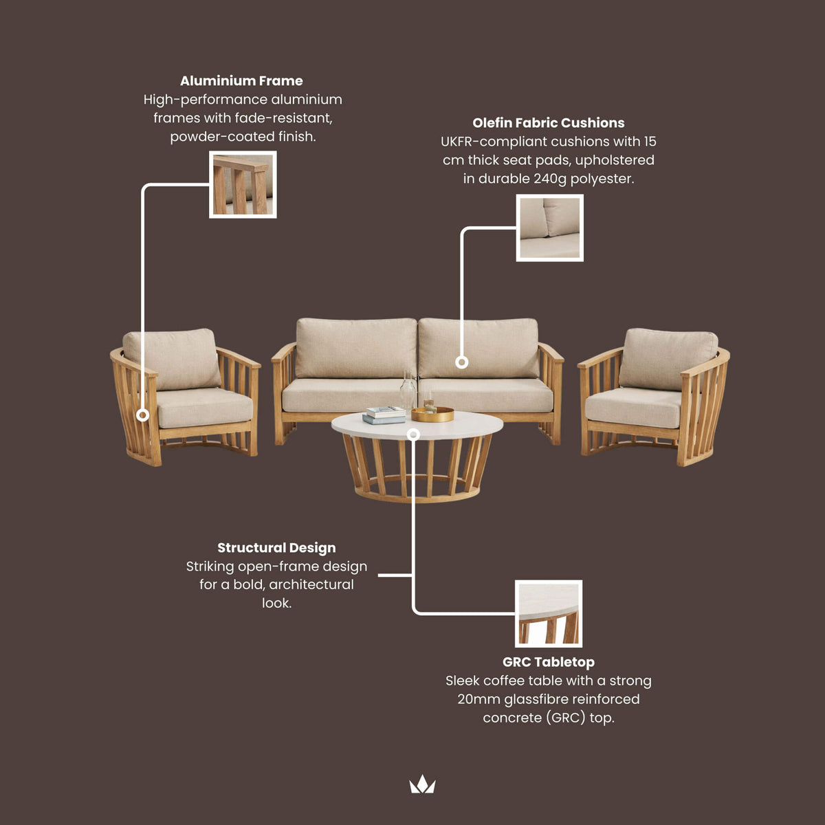 Lucca Outdoor 5 Seater Lounge Set with Coffee Table - Brown - DUSK