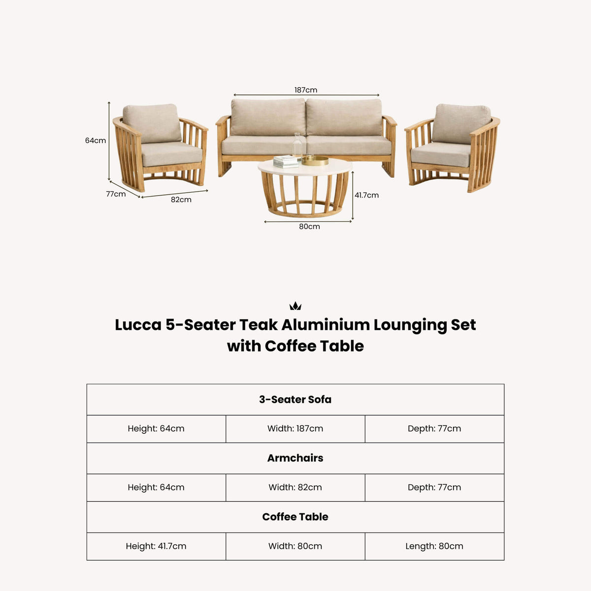Lucca Outdoor 5 Seater Lounge Set with Coffee Table - Brown - DUSK