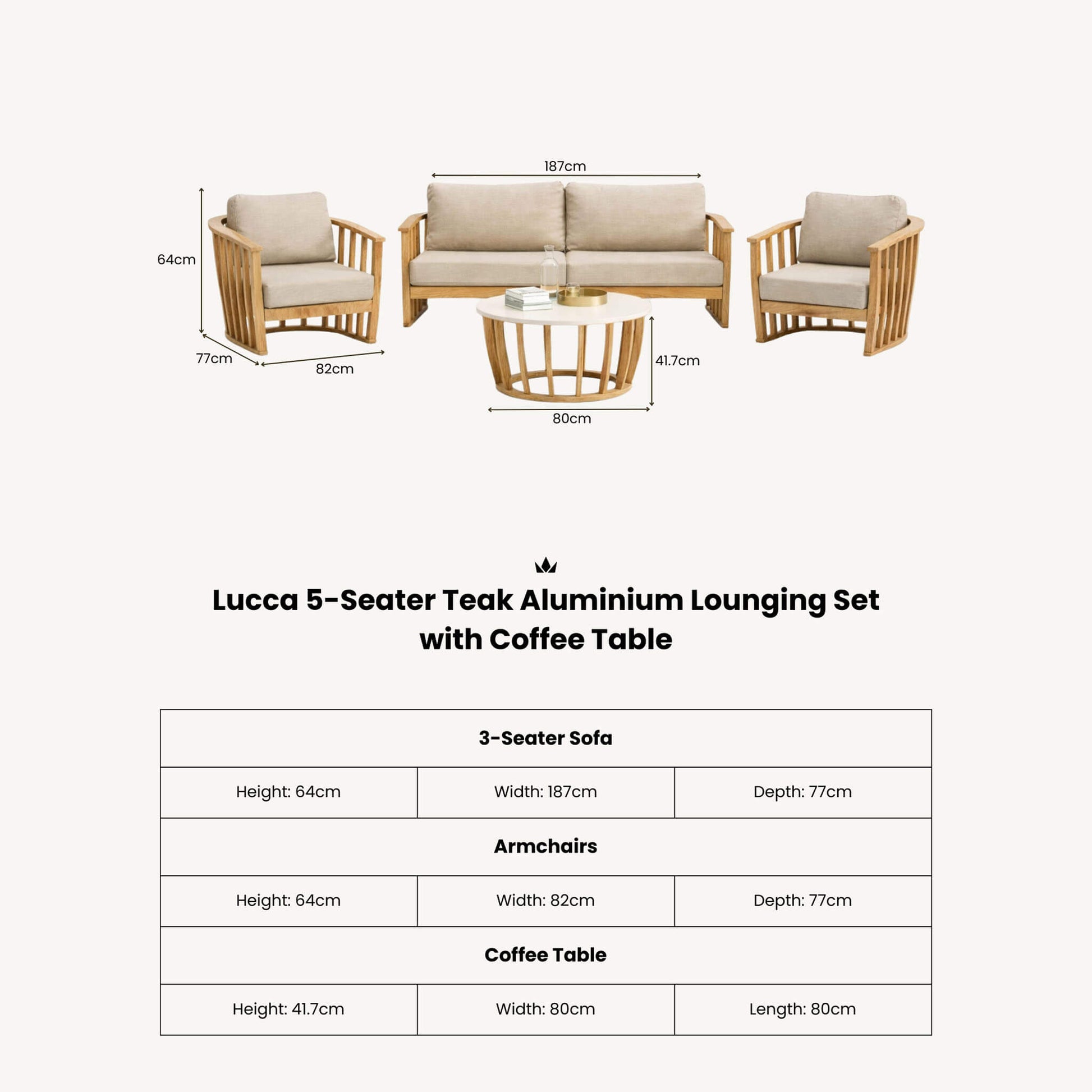 Lucca Outdoor 5 Seater Lounge Set with Coffee Table - Brown - DUSK