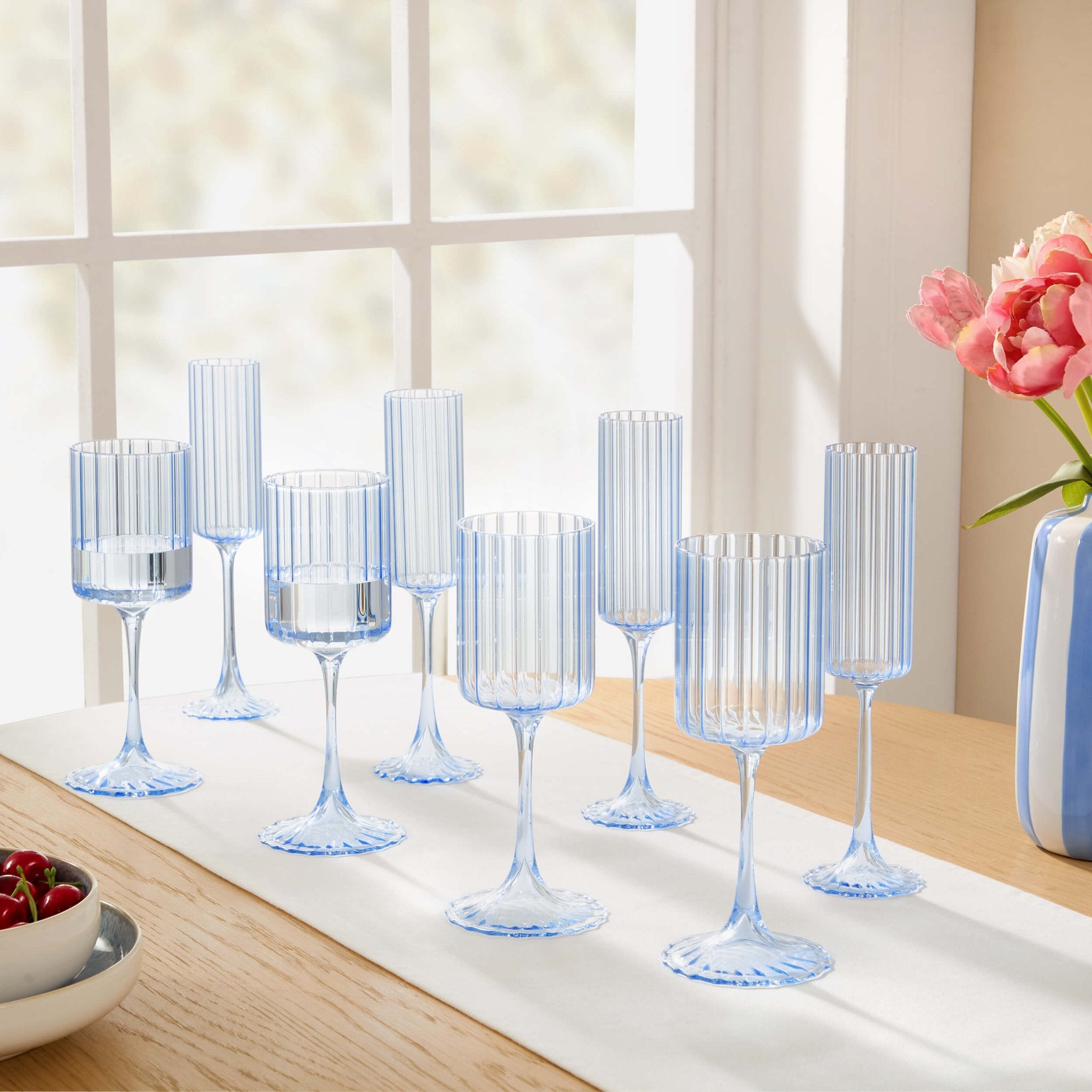 Lucinda Scalloped Edge 8 Piece Wine and Champagne Glasses - Blue - DUSK
