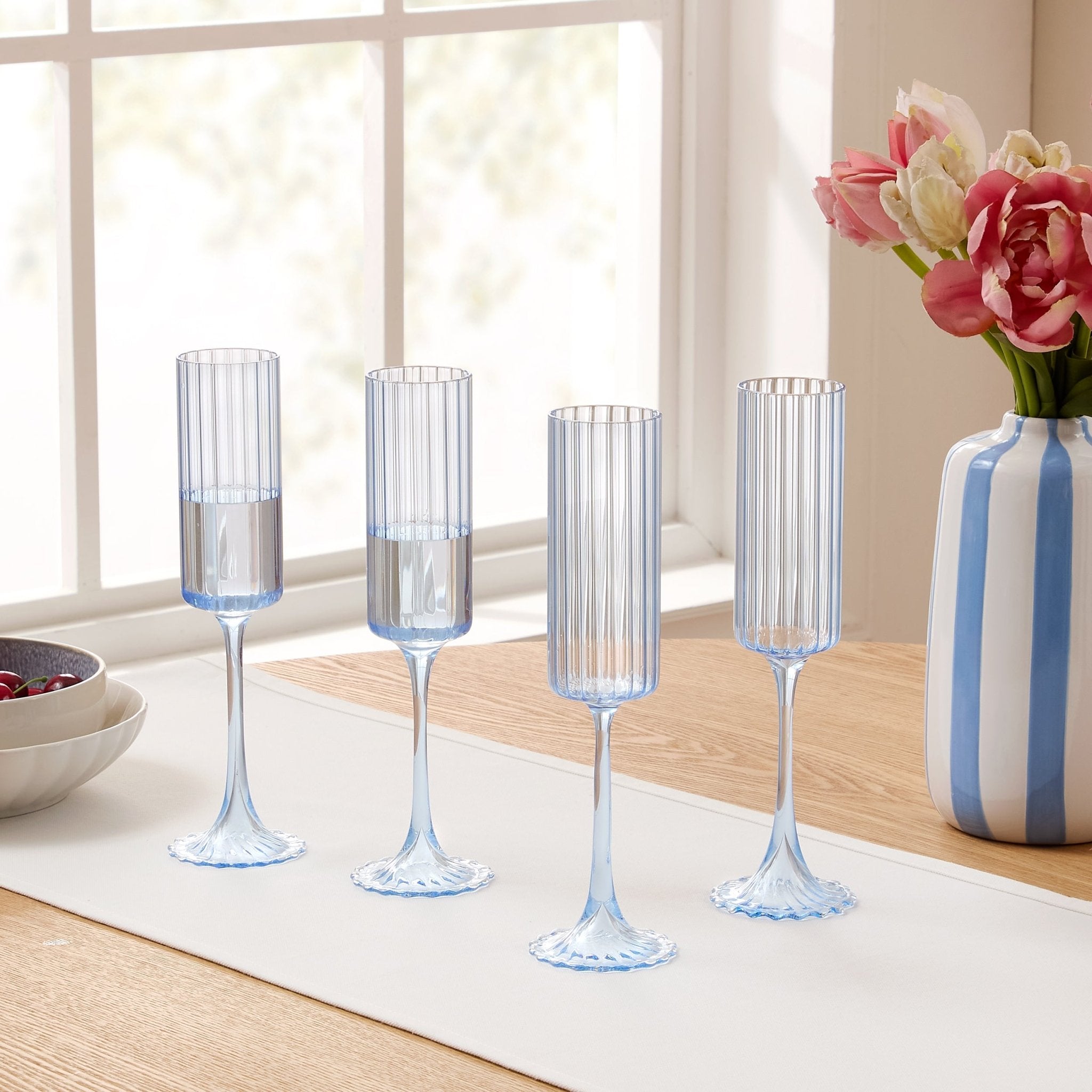 Lucinda Scalloped Edge Contrast Stem Glass Flutes - Set of 4 - Blue - DUSK