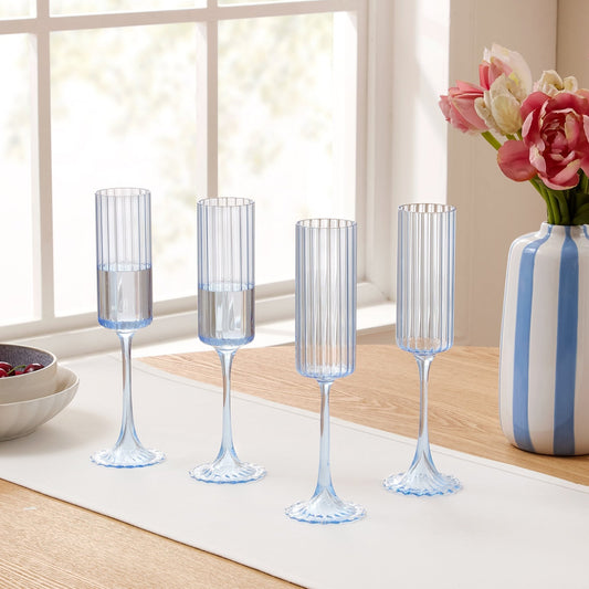 Lucinda Scalloped Edge Contrast Stem Glass Flutes - Set of 4 - Blue - DUSK