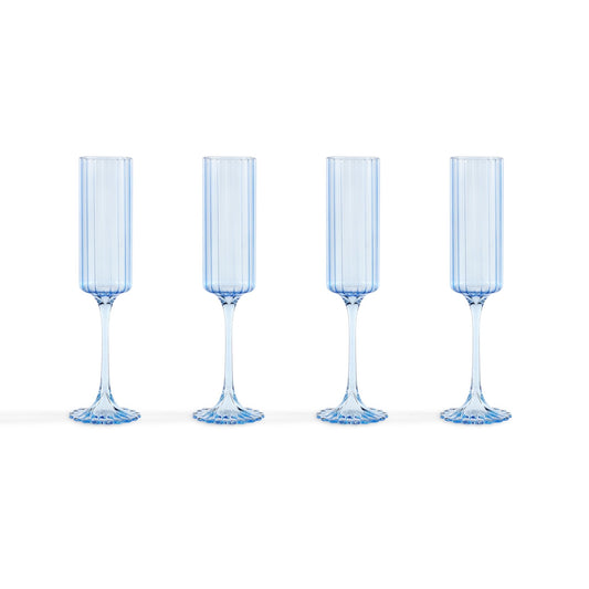 Lucinda Scalloped Edge Contrast Stem Glass Flutes - Set of 4 - Blue - DUSK