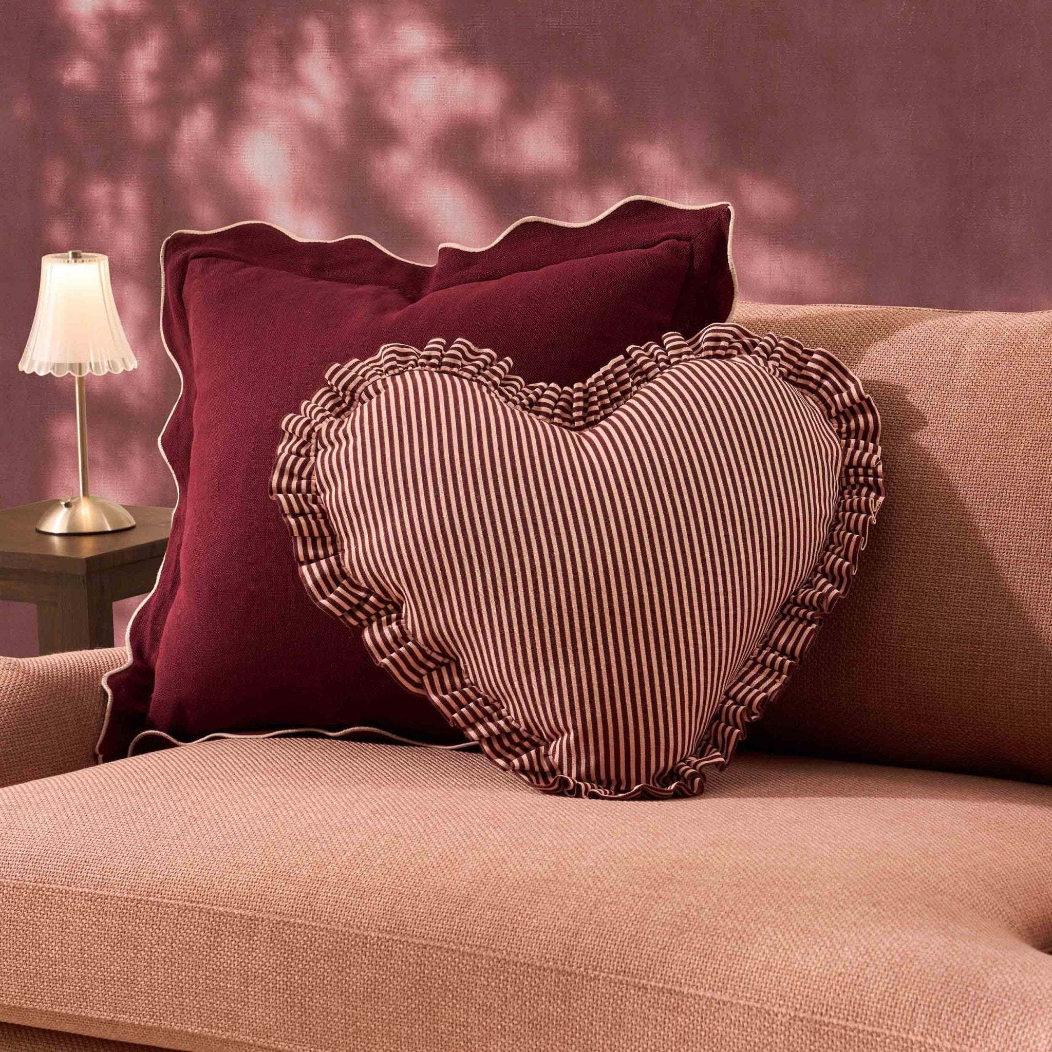 Lulu Cotton Frill Stripe Edge Love Heart Sofa Cushion - Pink - DUSK