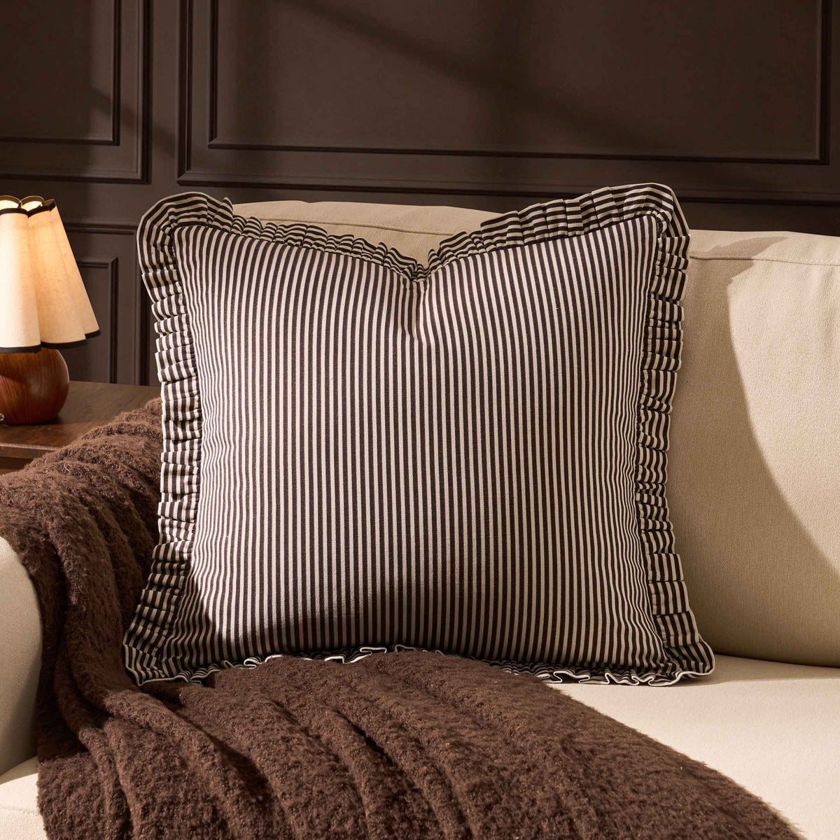 Lulu Cotton Frill Stripe Edge Sofa Cushion Cover - Chocolate - DUSK