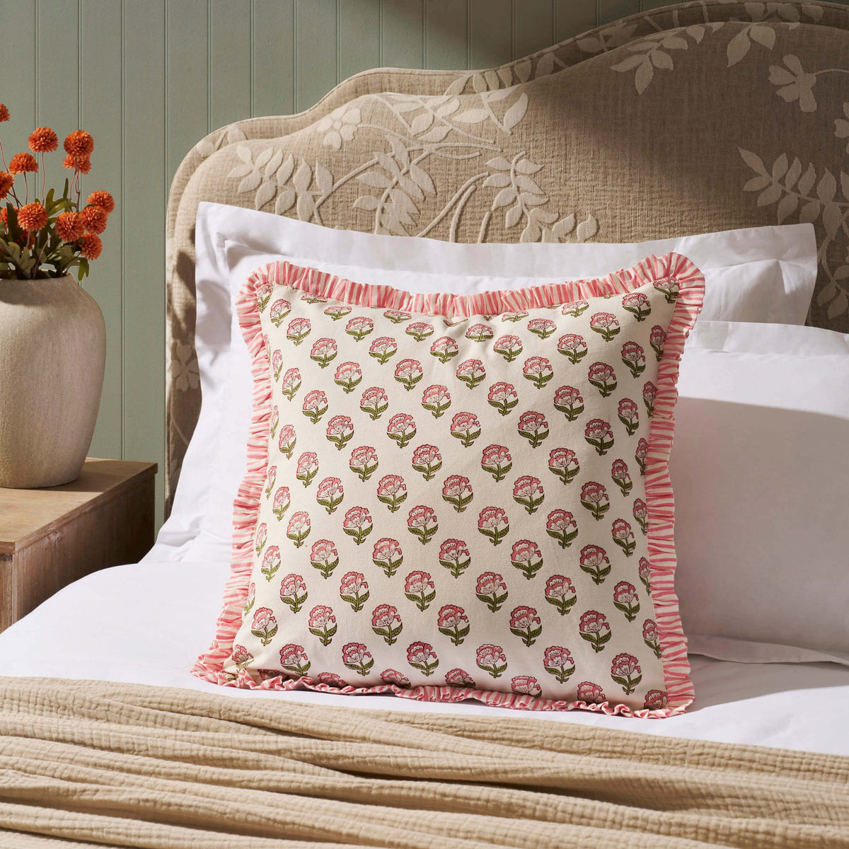 Maisie 100% Cotton Frill Edge Printed Cushion Cover - Pink - DUSK