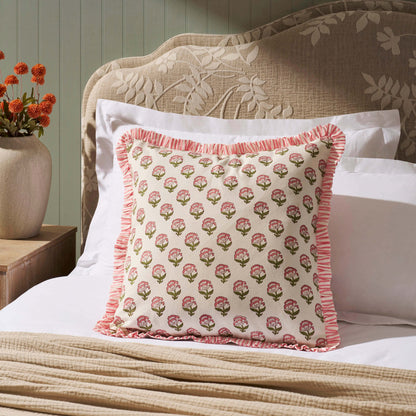 Maisie 100% Cotton Frill Edge Printed Cushion Cover - Pink - DUSK