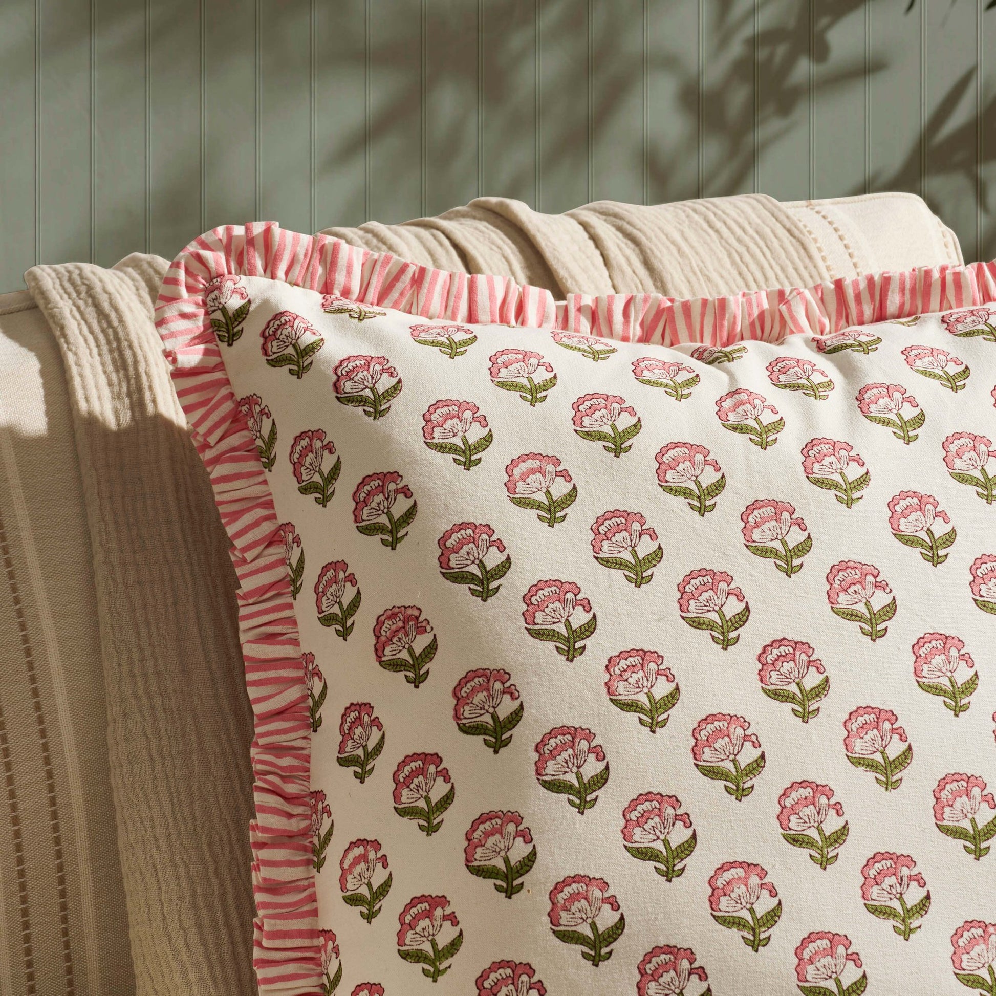 Maisie 100% Cotton Frill Edge Printed Sofa Cushion Cover - Pink - DUSK