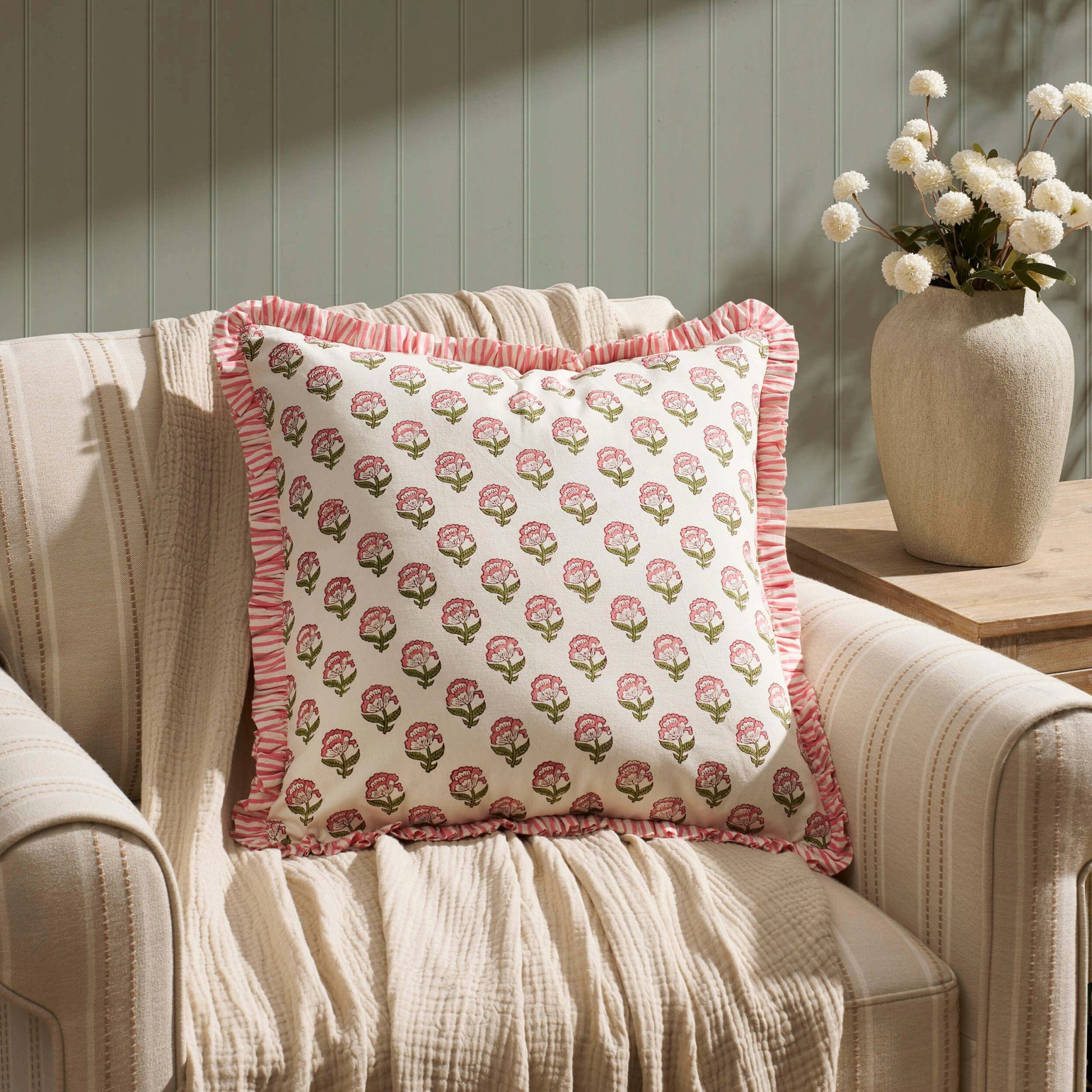 Maisie 100% Cotton Frill Edge Printed Sofa Cushion Cover - Pink - DUSK