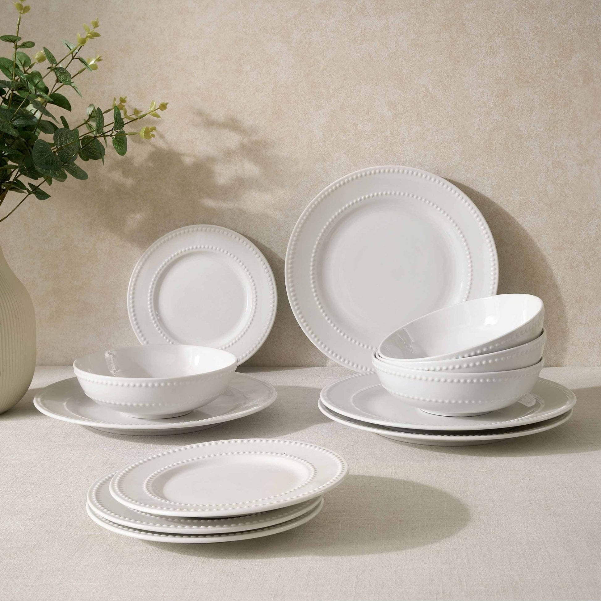 Margalo Beaded 12 Piece Dinner Set - White - DUSK