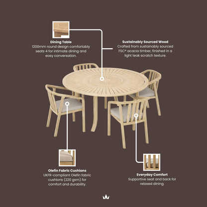 Maris Outdoor 4 Seater Round Dining Table Set - Natural - DUSK
