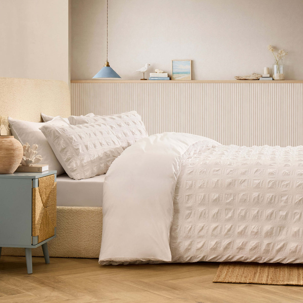 Marissa 100% Cotton Seersucker Check Duvet Cover & Pillowcase Set - White - DUSK