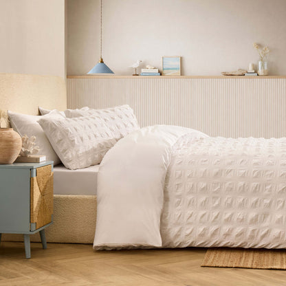 Marissa 100% Cotton Seersucker Check Duvet Cover & Pillowcase Set - White - DUSK