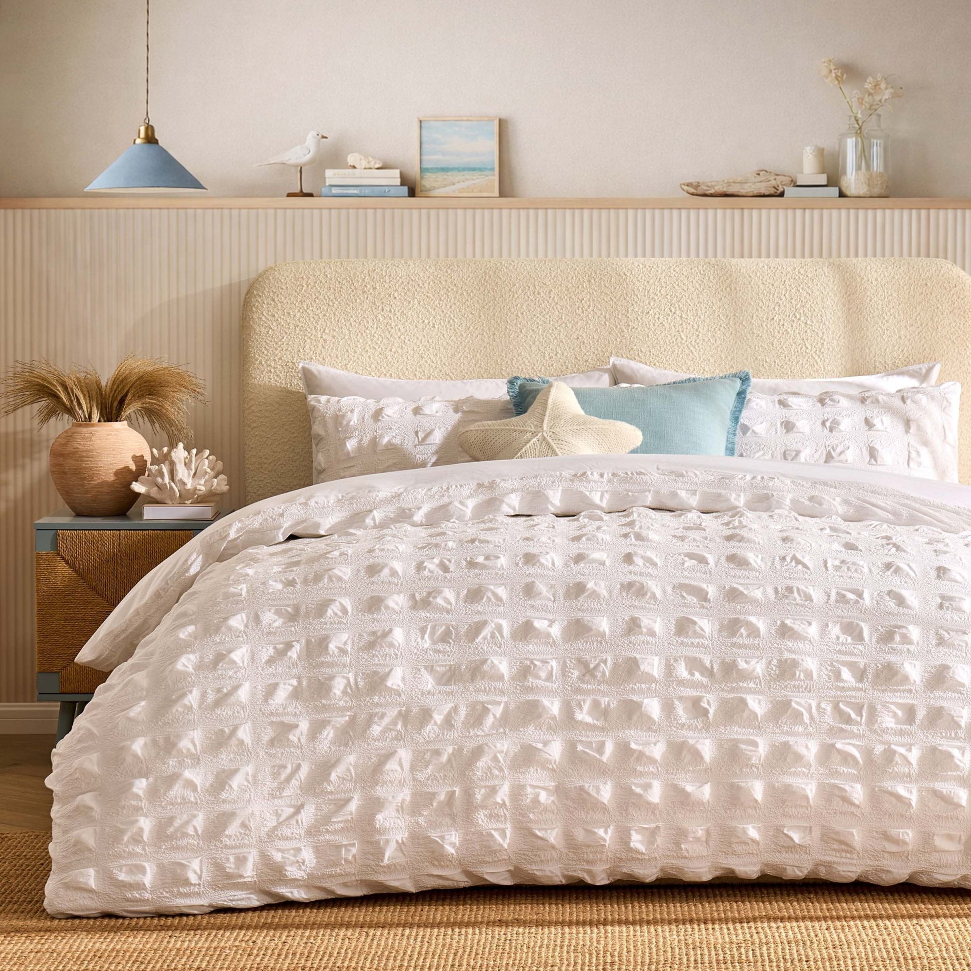 Marissa 100% Cotton Seersucker Check Duvet Cover & Pillowcase Set - White - DUSK