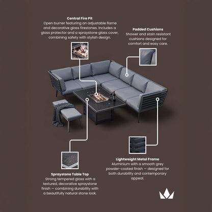 Mayfair Outdoor 8 Seater Corner Lounge Set with Fire Pit and Bench - Grey - DUSK