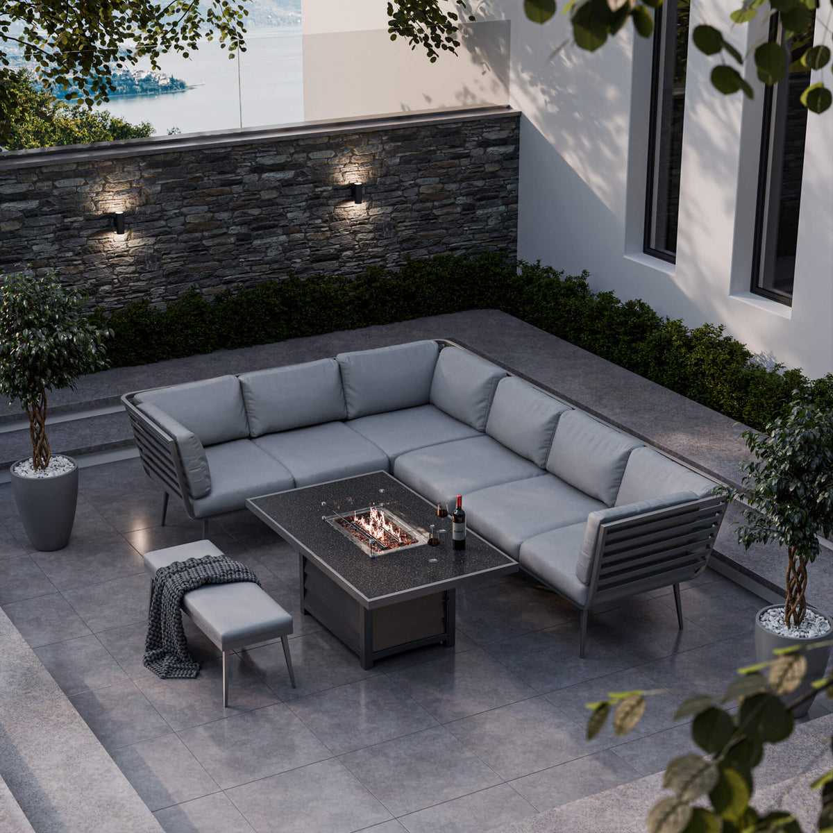 Mayfair Outdoor 8 Seater Corner Lounge Set with Fire Pit and Bench - Grey - DUSK