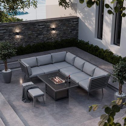 Mayfair Outdoor 8 Seater Corner Lounge Set with Fire Pit and Bench - Grey - DUSK