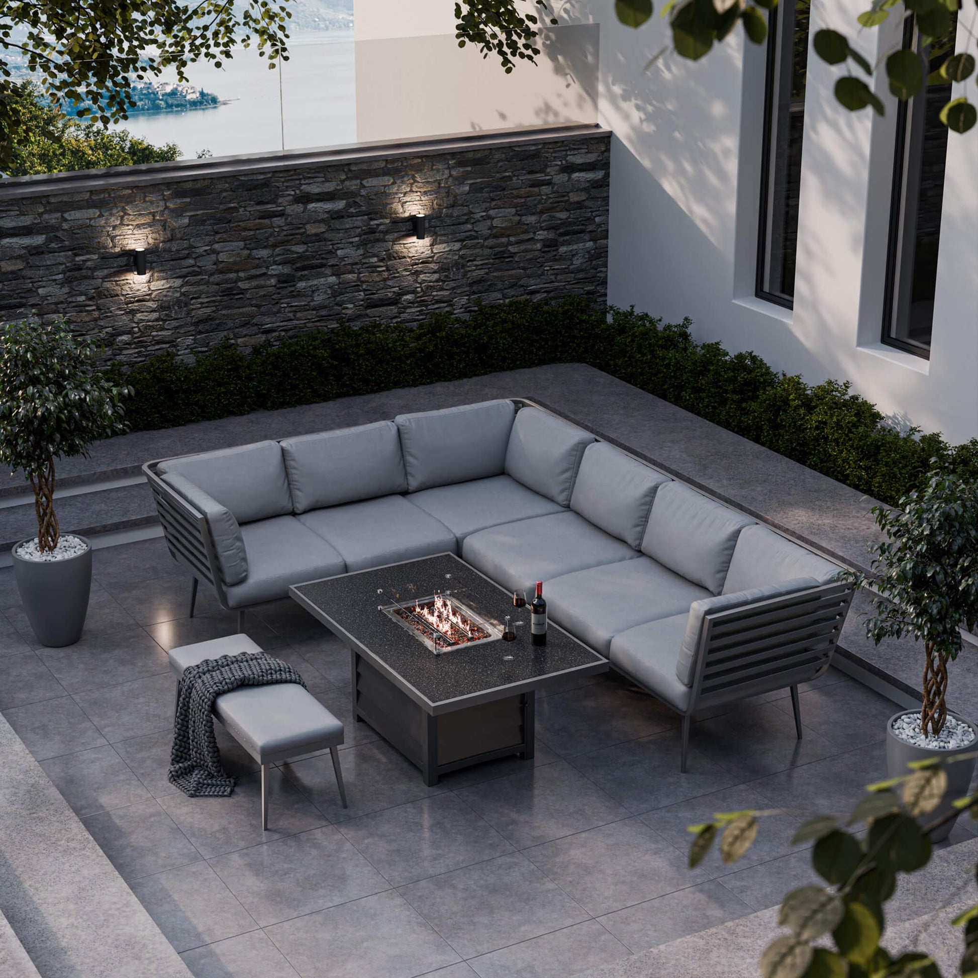 Mayfair Outdoor 8 Seater Corner Lounge Set with Fire Pit and Bench - Grey - DUSK