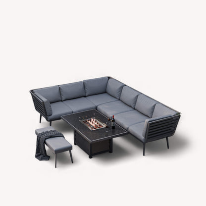 Mayfair Outdoor 8 Seater Corner Lounge Set with Fire Pit and Bench - Grey - DUSK