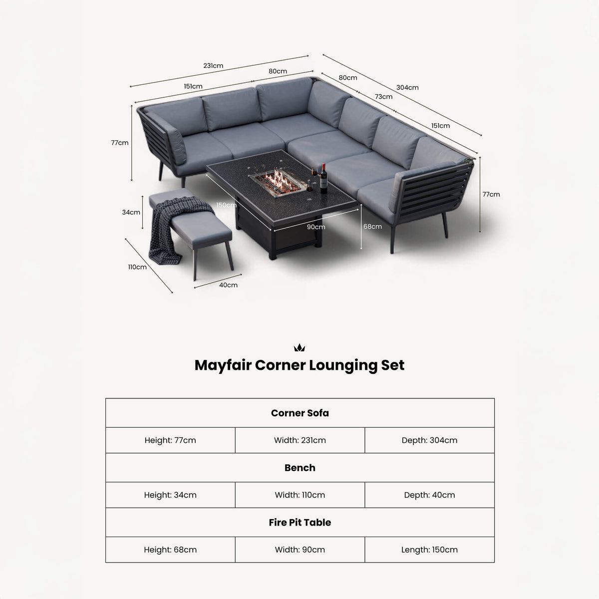 Mayfair Outdoor 8 Seater Corner Lounge Set with Fire Pit and Bench - Grey - DUSK