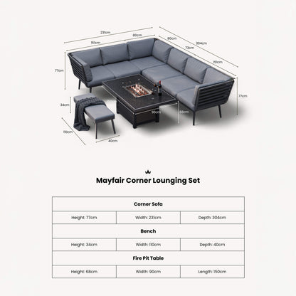 Mayfair Outdoor 8 Seater Corner Lounge Set with Fire Pit and Bench - Grey - DUSK