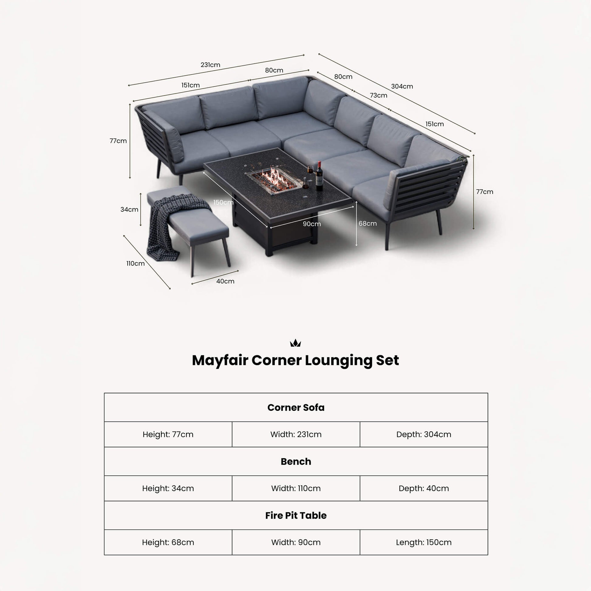 Mayfair Outdoor 8 Seater Corner Lounge Set with Fire Pit and Bench - Grey - DUSK