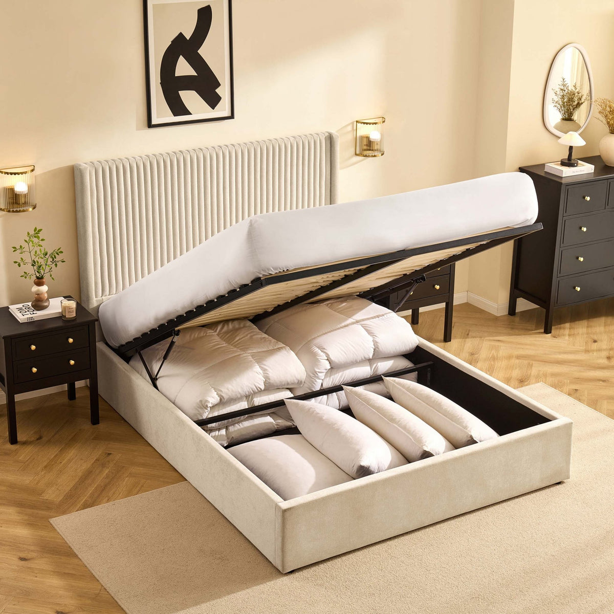 Melrose Ottoman Storage Bed - Chenille Ivory - DUSK