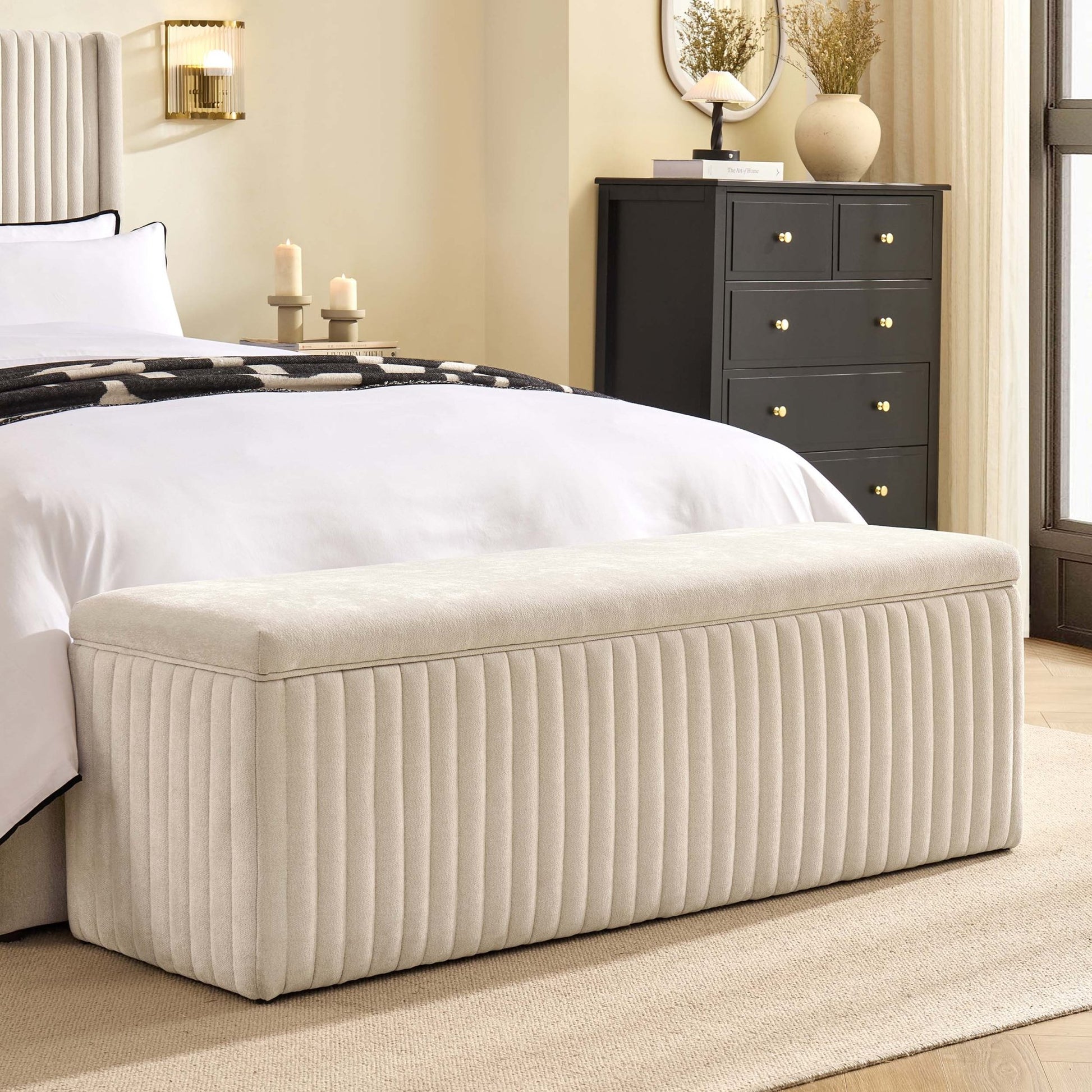 Melrose Ribbed Ottoman Storage Bench - Chenille Ivory - DUSK