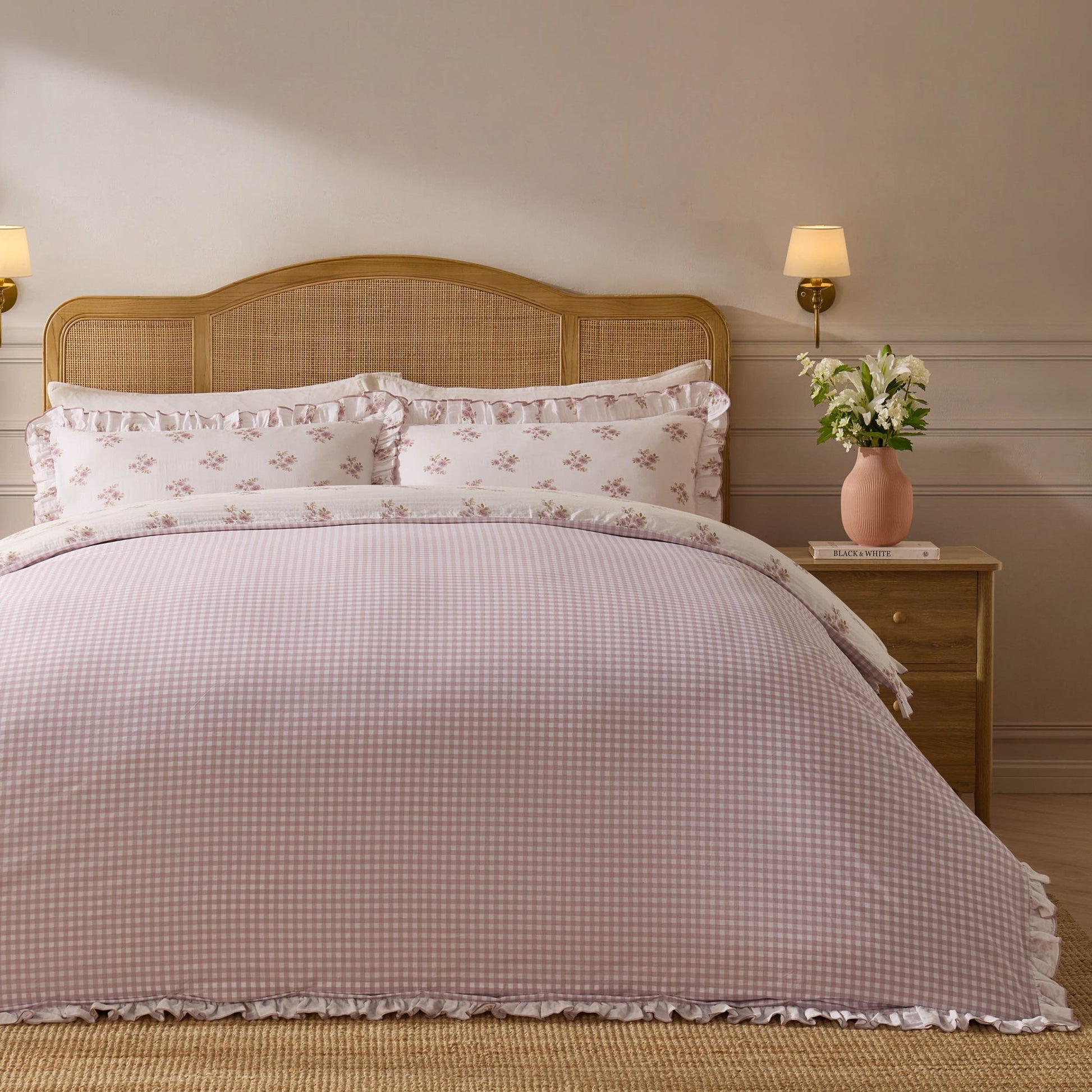 Mini Bouquet 100% Cotton Printed Muslin Duvet Cover Set - White/Pink - DUSK