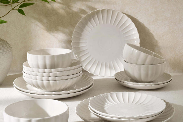 Mira Scalloped 16 Piece Dinner Set - Off White - DUSK