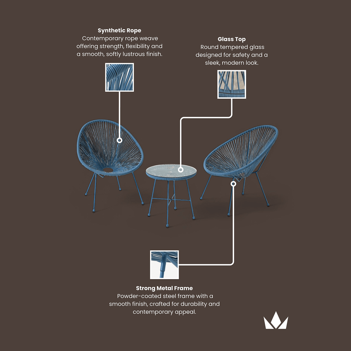 Monaco Outdoor 2 Seater Round Bistro Table and Egg Chairs - Blue - DUSK
