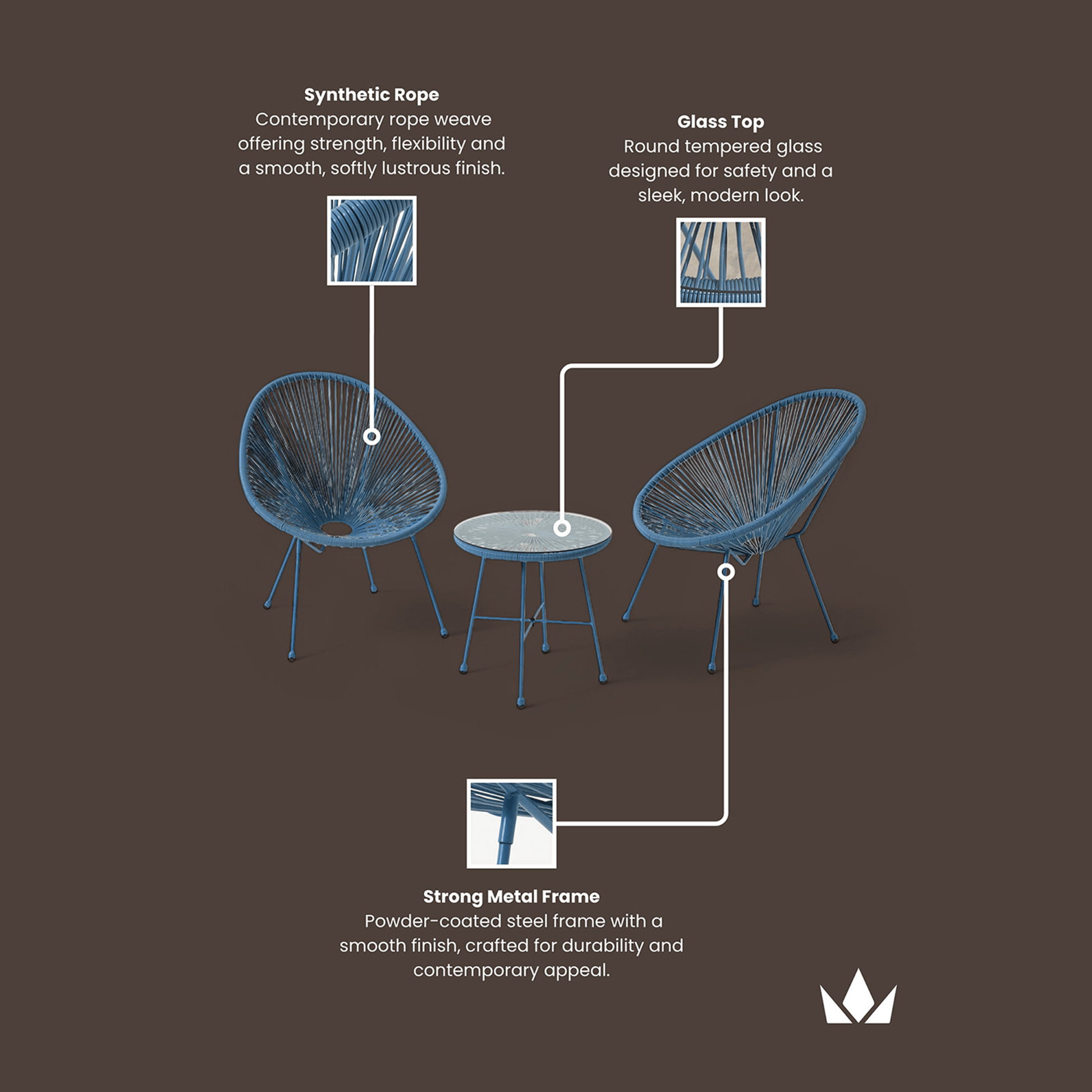 Monaco Outdoor 2 Seater Round Bistro Table and Egg Chairs - Blue - DUSK