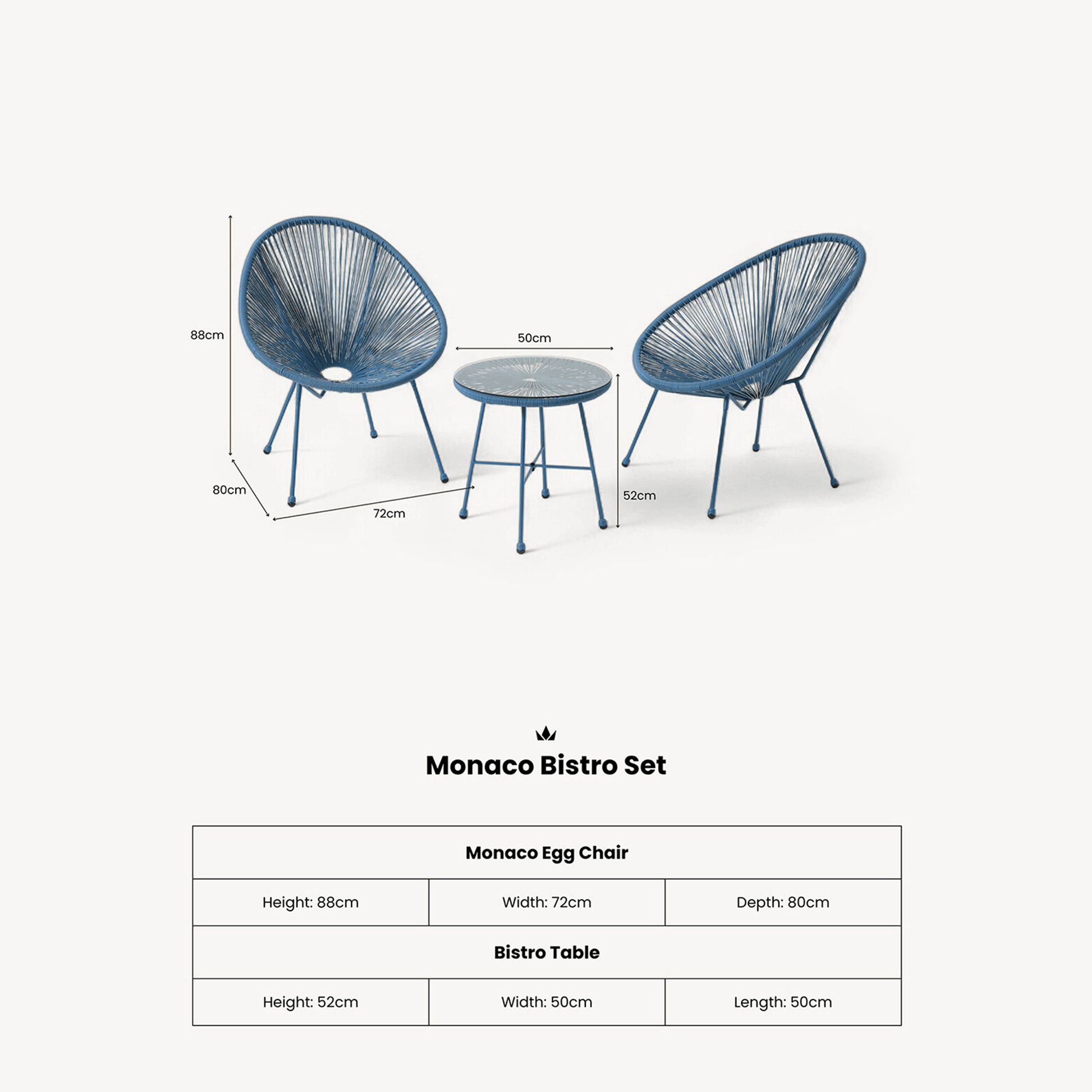 Monaco Outdoor 2 Seater Round Bistro Table and Egg Chairs - Blue - DUSK
